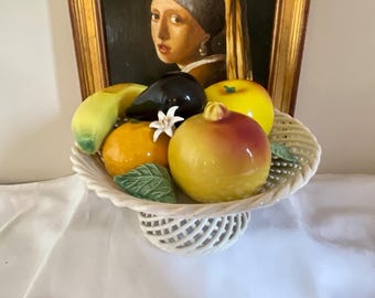 Vintage 1960s Majolica Fruit Comport, White Lattice Ceramic Centerpiece