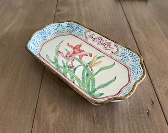Vintage Enamel Pin Dish, Iris Dragonfly Asian Art Trinket Tray