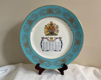 Prato comemorativo do Jubileu de Prata da Aynsley, Rainha Elizabeth II, Brasão Real, Borda Turquesa Dourada
