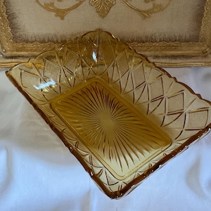 Art Deco amber pressed glass rectangular deep fruit dish or fruit bowl, bread dish snack dish , beautiful art dish, perfect condition 1950s