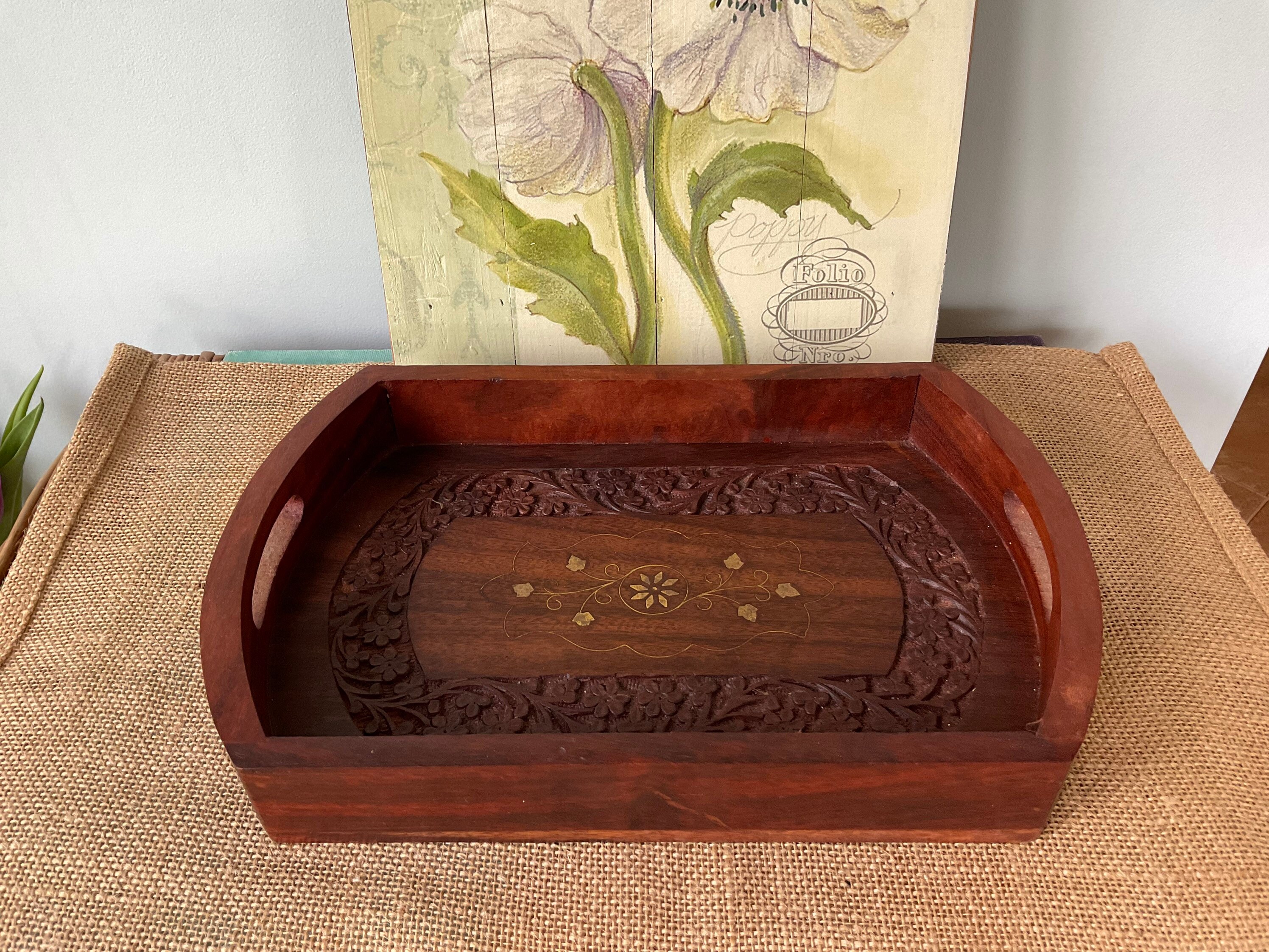 Ornate Handcrafted Teak Tray Vintage Hand Carved Wooden Tray Etsy