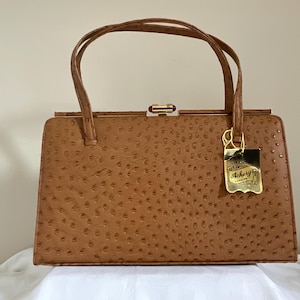 Bolso vintage Ackery of London grande en piel de avestruz auténtica, color caramelo, con dos asas: una pieza llamativa, un bolso de inversión - Goodwood Revival