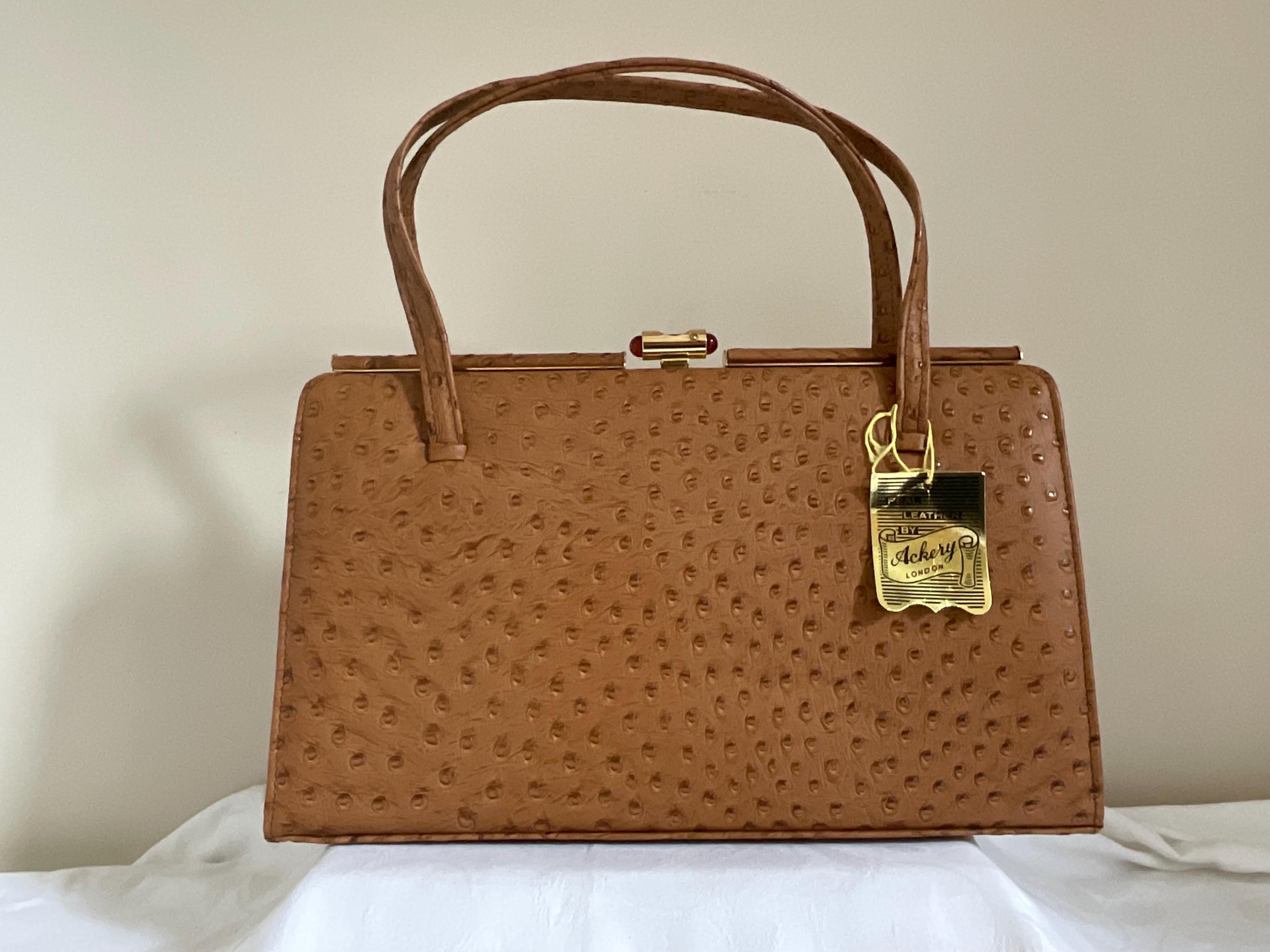 Vintage Ackery of London genuine ostrich leather twin handled 