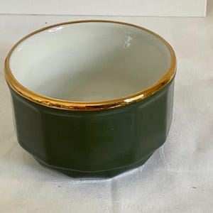 Apilco French porcelain green hexagonal sugar bowl, small dish , green and gold rim , stamped authentic Apilco , 1970 bistro green and gilt