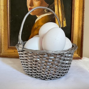 Vintage silver metal woven wire decorative basket, clever storage, home decor, vintage home, useful decorative storage