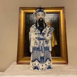 Vintage large ceramic chinese Emperor figurine in blue and white, chinese culture, chinese decorative figure, statement piece, gift idea