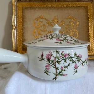 Vintage Pillivuyt France Porcelain Decor Grand Feu Floral one handled lidded casserole dish, 4-5 servings, beautiful home interior