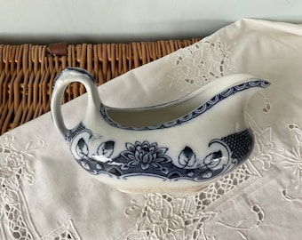 Victorian China Gravy Boat, Blue and White Floral Milk Creamer, Made in England