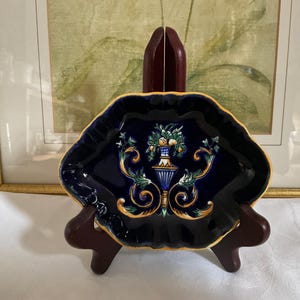 Vintage Gien French Renaissance Trinket Dish, Hand-Painted Fruit Scalloped Edge