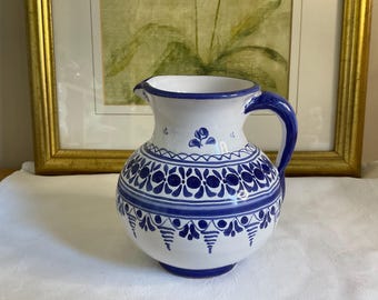 Vintage hand painted small Spanish Talavera jug or pitcher 13cm, blue and white classic pattern