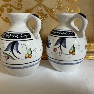 Vintage Portugese pottery blue and white pair of floral jugs, beautiful home decor, perfect for oil and vinegar , vintage home