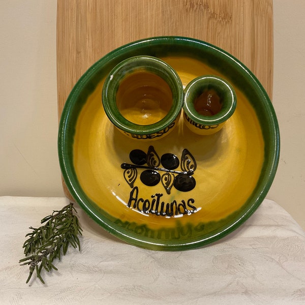 Olive dish, vintage hand painted Spanish Olive dish in restful yellow, green, black, sticks and stones pots attached,  alfresco dining