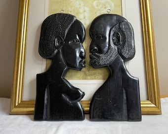 Vintage African Ebony Wood Carved Wall Plaques, Pair