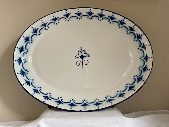 Vintage Ikea Enamel Serving Platter, Blue and White Floral Design, 55cm