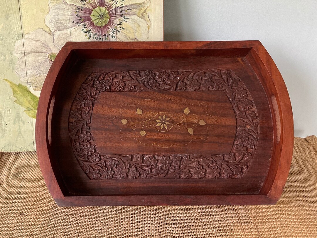 Ornate Handcrafted Teak Tray Vintage Hand Carved Wooden Tray Etsy
