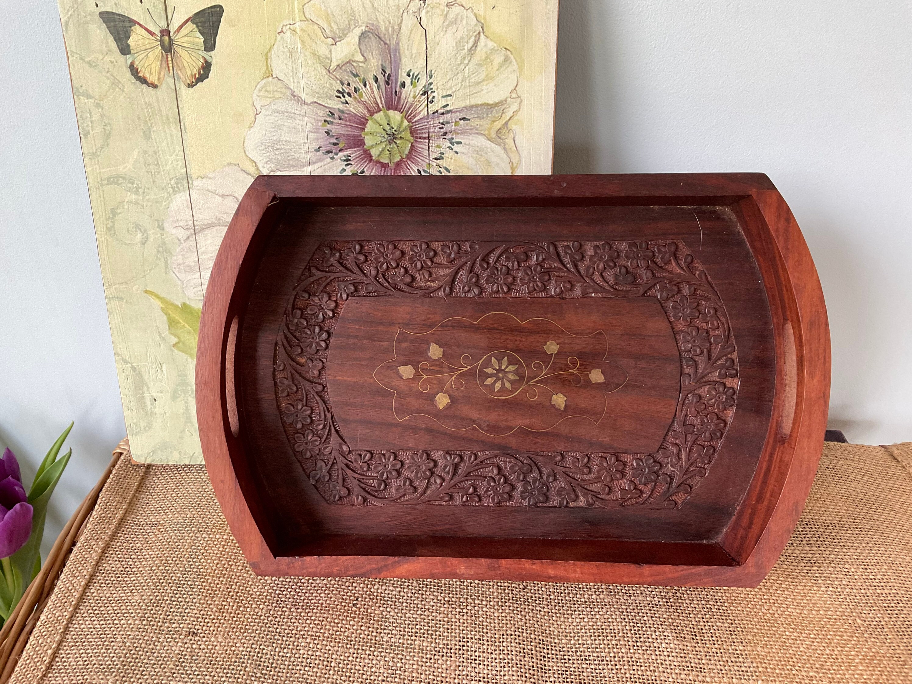 Ornate Handcrafted Teak Tray Vintage Hand Carved Wooden Tray Etsy