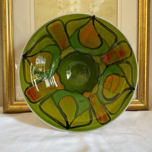 Vintage Poole Pottery Green and orange Delphis footed shallow bowl 1960 designed by studio artist for Poole, signed,