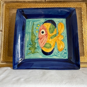 Vintage hand painted colourful  square plate designed with fish, Pescar, Poisson, Fish, wall decoration, decorative dish
