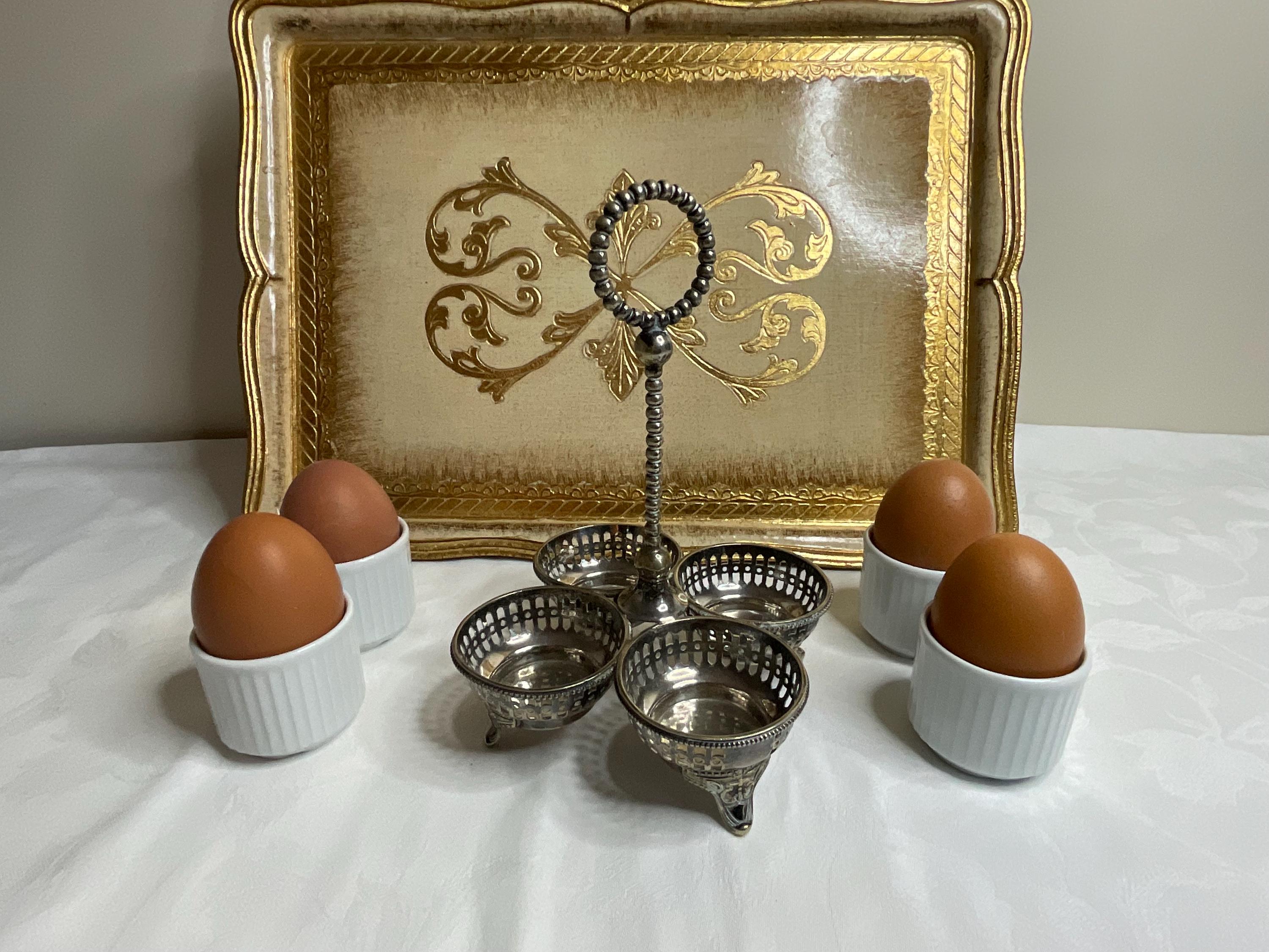 Ornate antique silver egg cup stand , silver plated egg cup carrier, boiled egg cup stand, breakfast table or dining room decor