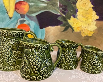 Beautiful set of four Vintage forest green majolica measuring jugs, viniculture or grape inspired , home decor, gift idea
