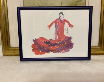 Small Framed Watercolour Flamenco Dancer, Red Purple Dress, Spanish Art