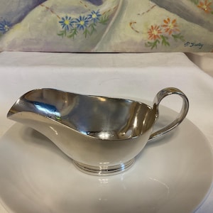 Może przedstawiać: Srebrna łódka do sosu z zakrzywionym dziobkiem i zaokrąglonym uchwytem, ​​spoczywająca na białym talerzu. Łódka do sosu ma błyszczącą, odblaskową powierzchnię. Tło zawiera obraz z kwiatowymi detalami.