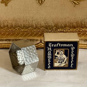 Vintage hammered hexagonal pewter napkin ring, serviette holder, in original box, Made in Sheffield , excellent condition