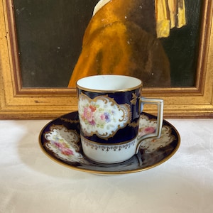 Irresistible Antique navy and white floral small coffee cup and saucer, demitasse, limoges style, French or European coffee cup and saucer