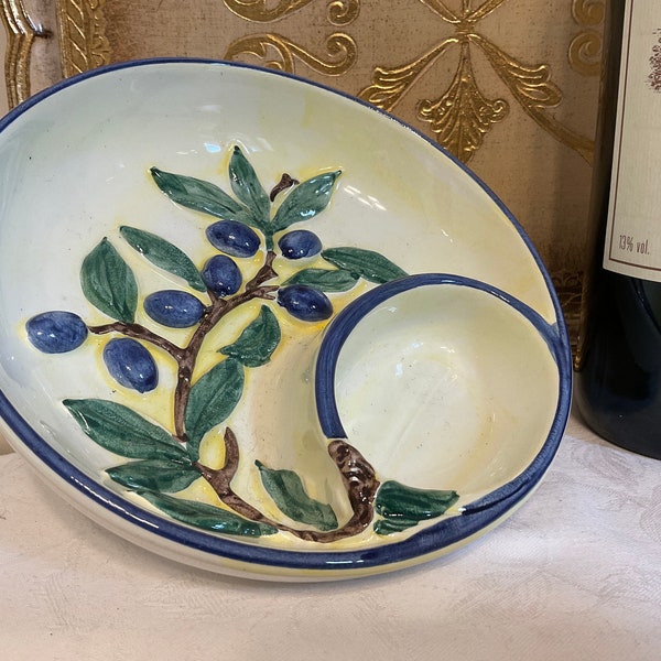 Olive dish, vintage hand painted Italian Olive dish in restful yellow, green, purple, alfresco dining, Olive dish, Italian olive bowl