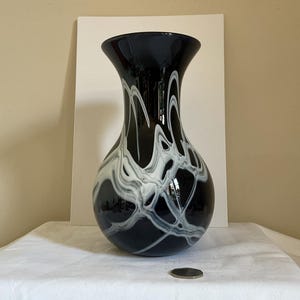 Large vintage hand blown opaline murano style black and white marbled vase, art vase, art glass vase, statement piece , great gift