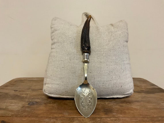 Antique silver and antler ornamented preserve spoon, Jam