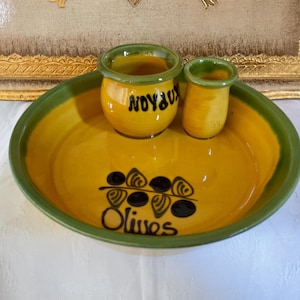 Olive dish, vintage hand painted Olive dish in restful yellow, green, purple, sticks and stones pots attached,  alfresco dining