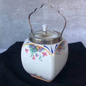 Vintage Bonboniere made by L and Sons, 1930s silver lidded floral cookie jar, retro decor, retro homeware, biscuit barrel