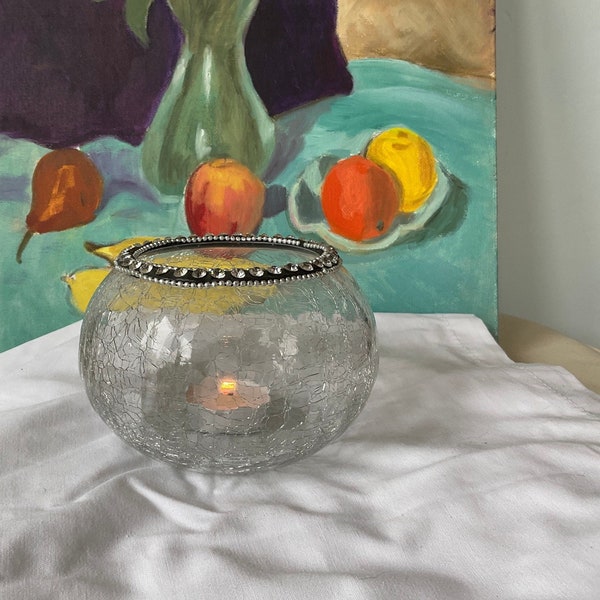Pretty rustic crackle glaze light catching glass candle holder, diamond style, round candle holder ,table decor