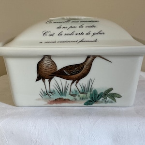 Rare Pillivuyt France porcelain game terrine designed with wording relating to the Woodcock, collectors piece, Vintage French kitchen