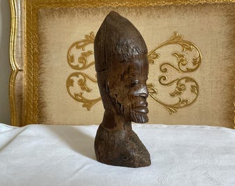Vintage African Wooden Bust Sculpture, Hand Carved Figurine