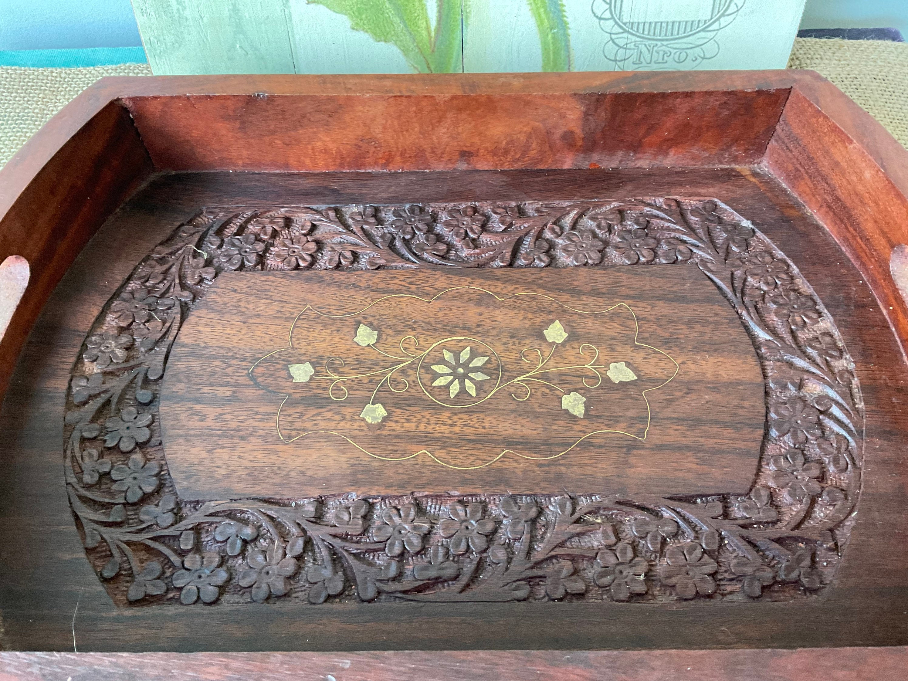 Ornate Handcrafted Teak Tray Vintage Hand Carved Wooden Tray Etsy