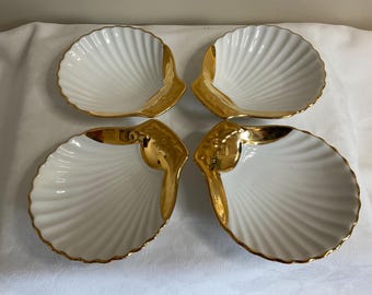 Vintage Royal Worcester Porcelain Scallop Dishes, Gold Trim, Set of 4