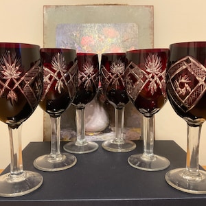 Rare and Elegant set of six deep red bohemian crystal goblets/ glasses, perfect condition, stylish addition to your home, festive gift