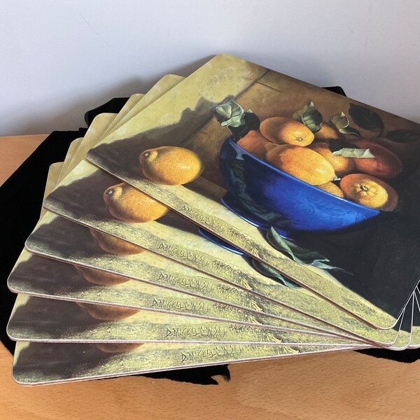 Exquisite Vintage Art placemats, Zesty fresh lemons in a blue bowl, oil painting, perfect condition, set of six identical mats