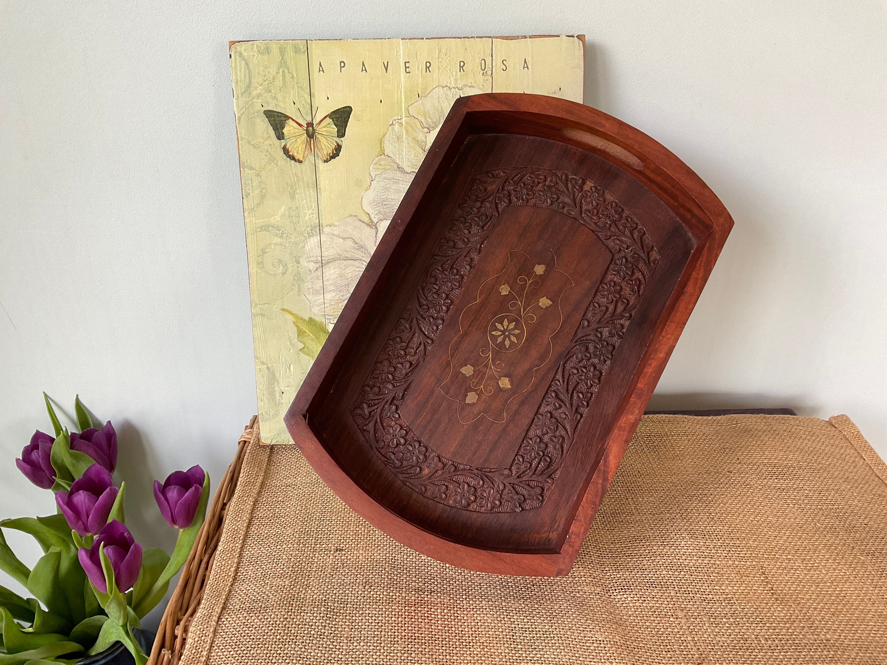 Ornate Handcrafted Teak Tray Vintage Hand Carved Wooden Tray Etsy