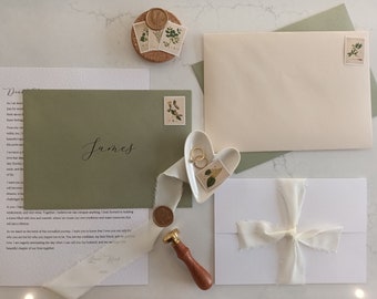 Lettre de mariage à ma femme |Lettre d'amour personnalisée|Lettre le jour du mariage à mon épouse|À ma femme le jour de notre mariage |Cachet de cire|Vert mousse - crème