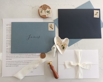 Personalised Love Letter|To My Groom|To My Bride|Boyfriend Girlfriend|Anniversary|Wax Sealed|Wedding Vows|Dusky Blue Envelope-Cream Ribbon