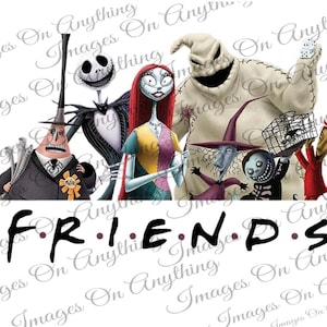 Pode incluir: Gráfico com personagens de O Estranho Mundo de Jack. Jack Skellington, Sally e Oogie Boogie estão entre os personagens. A palavra "FRIENDS" está escrita em uma fonte estilizada com pontos roxos. A imagem tem um fundo branco.
