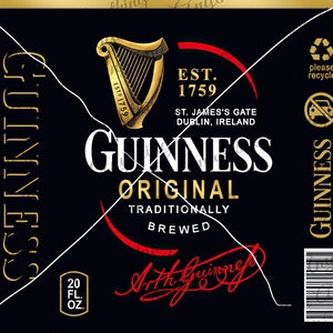 May include: A black Guinness Original label with gold and white text. It features a gold harp, the text "EST. 1759", and "20 fl oz". The label also includes the text "ST. JAMES'S GATE DUBLIN, IRELAND".