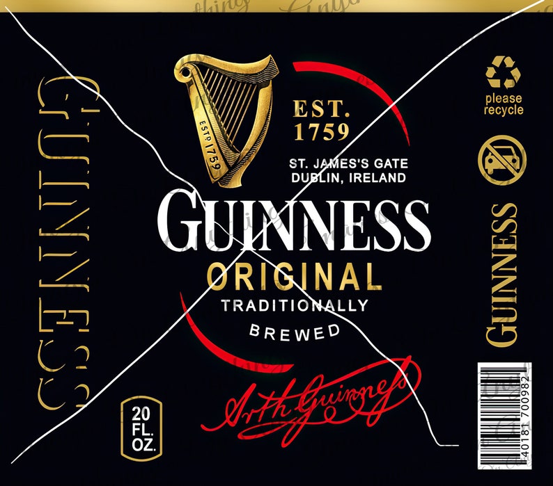 May include: A black Guinness Original label with gold and white text. It features a gold harp, the text "EST. 1759", and "20 fl oz". The label also includes the text "ST. JAMES'S GATE DUBLIN, IRELAND".