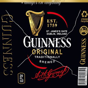 May include: Black Guinness label featuring a gold harp and the text "EST. 1759". The label also includes the words "ORIGINAL", "TRADITIONALLY BREWED", and "20 fl oz". The label is for Guinness.