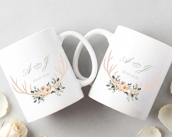 Taza de boda personalizada, rústica, floral, con astas de ciervo, para parejas, regalo personalizado para recién casados, recuerdo de boda, regalo de aniversario