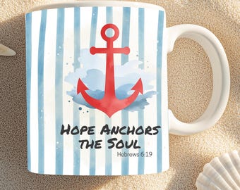 Taza de café "La esperanza ancla el alma" con temática cristiana y ancla náutica. Regalo de fe para él y para ella. Taza de café con diseño costero y rayas verticales en acuarela.