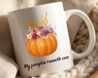 Taza de café cristiana de otoño con calabaza floral rebosante de fe, taza de café de Acción de Gracias, taza de café cristiana, decoración de otoño, regalos de otoño, calabaza